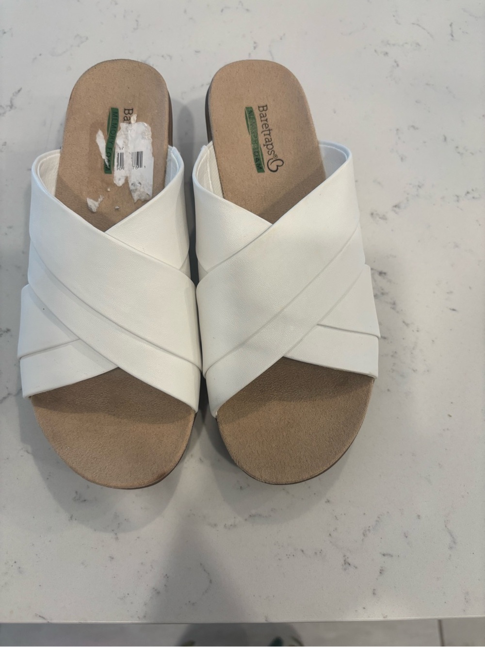 New Baretraps White Crisscross Slide Sandals - Women's Suze 7 with memory foam
